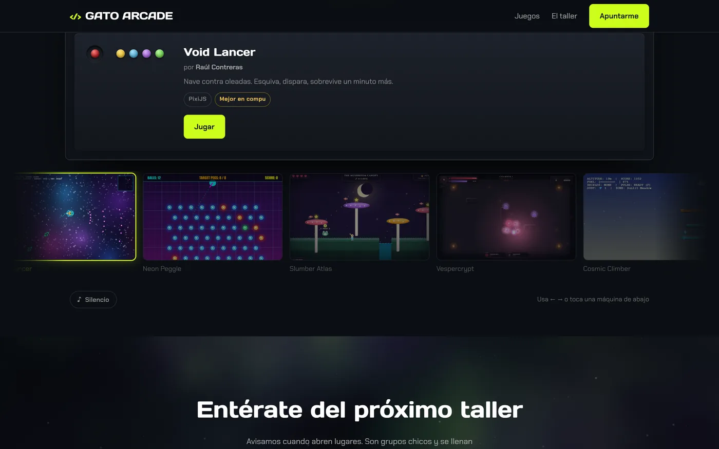 La fila de juegos de Gato Arcade